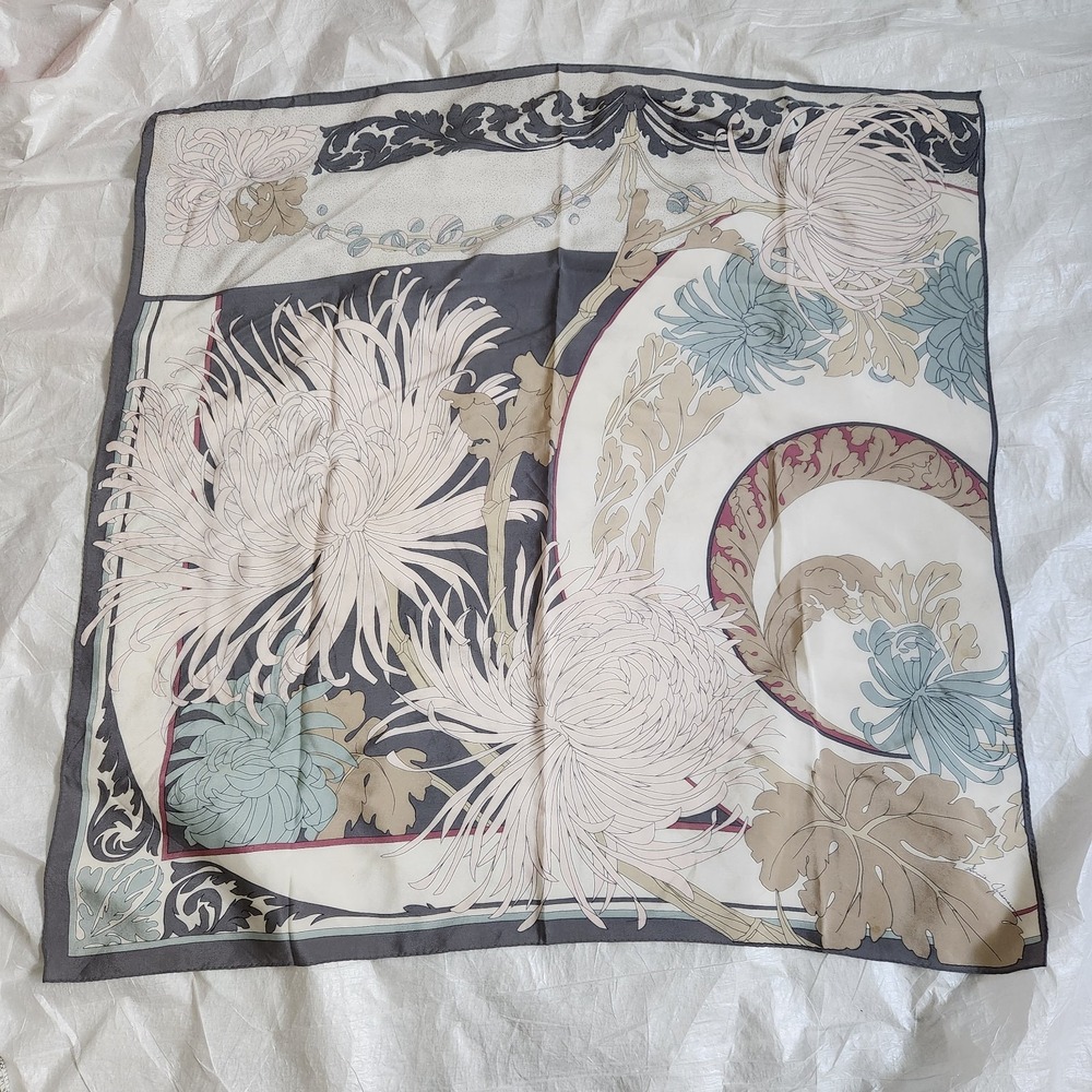Vtg Ginnie Johansen Large Silk Scarf Art Nouveau Chrysanthemum Floral 34" Square